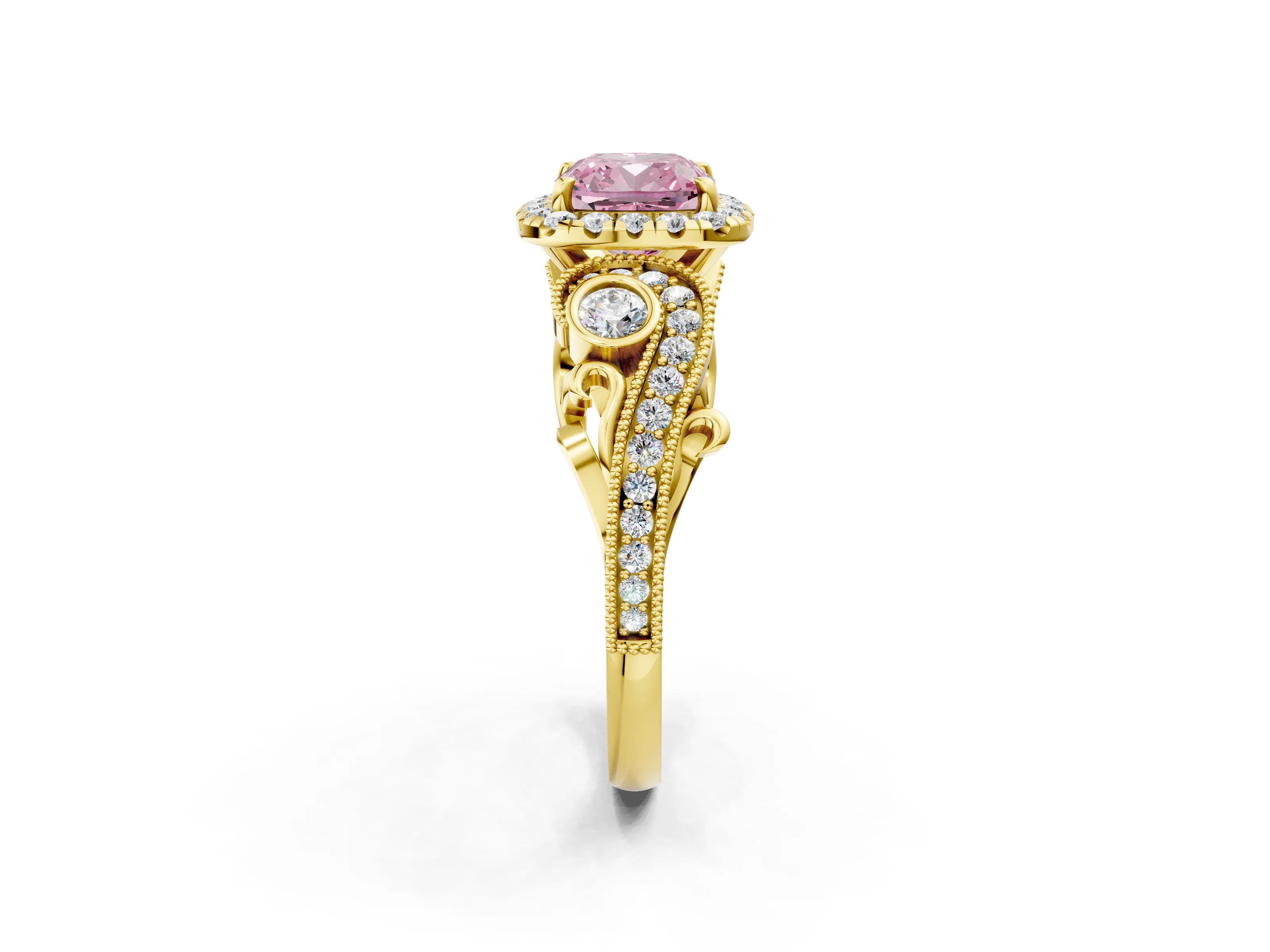 Yellow gold Fancy Pink Cushion Cut Halo Diamond Ring with Milgrain and Bezel Accents on a Split Shank Band_2