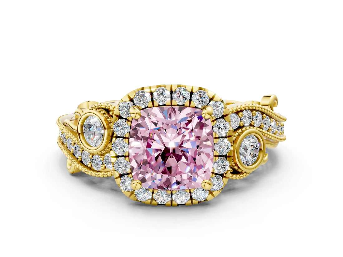 Yellow gold Fancy Pink Cushion Cut Halo Diamond Ring with Milgrain and Bezel Accents on a Split Shank Band_24