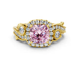 Yellow gold Fancy Pink Cushion Cut Halo Diamond Ring with Milgrain and Bezel Accents on a Split Shank Band_24