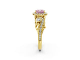 Yellow gold Fancy Pink Cushion Cut Halo Diamond Ring with Milgrain and Bezel Accents on a Split Shank Band_26