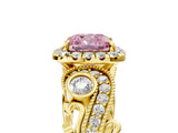 Yellow gold Fancy Pink Cushion Cut Halo Diamond Ring with Milgrain and Bezel Accents on a Split Shank Band_29
