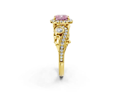 Yellow gold Fancy Pink Cushion Cut Halo Diamond Ring with Milgrain and Bezel Accents on a Split Shank Band_2