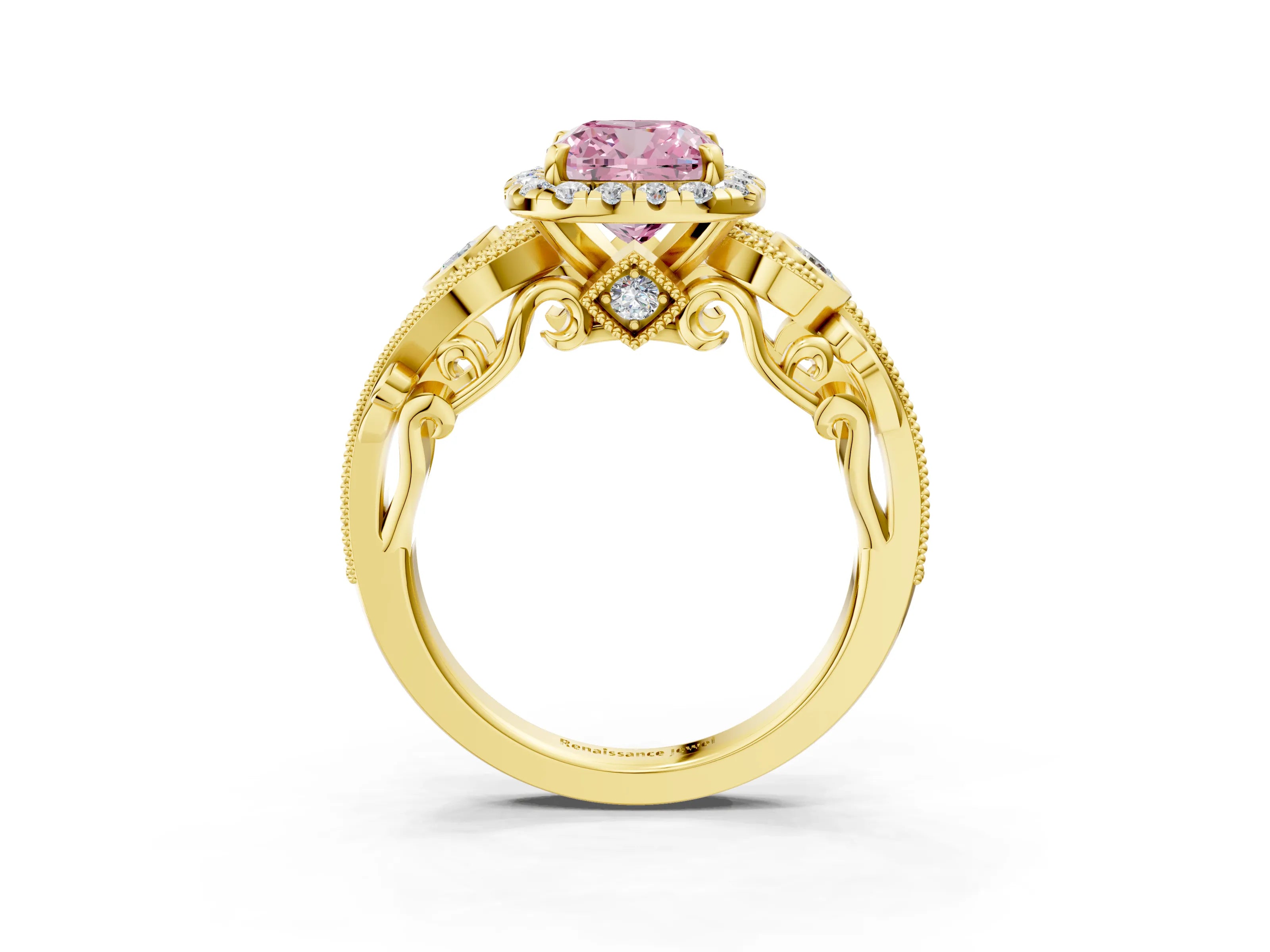 Yellow gold Fancy Pink Cushion Cut Halo Diamond Ring with Milgrain and Bezel Accents on a Split Shank Band_3