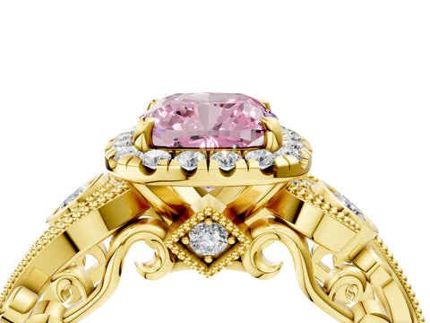 Yellow gold Fancy Pink Cushion Cut Halo Diamond Ring with Milgrain and Bezel Accents on a Split Shank Band_4