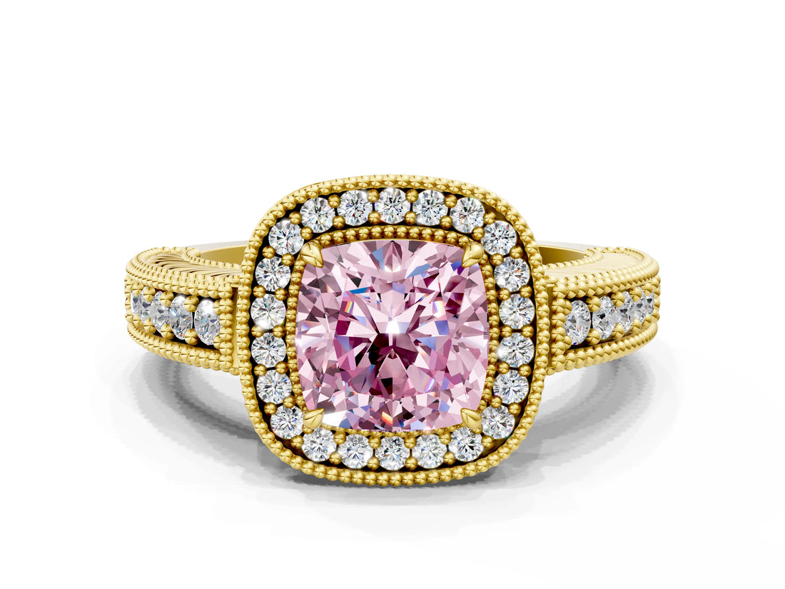 Yellow gold Fancy Pink Cushion  Cut Halo Diamond Ring with Pavé Band and Four-Prong Setting_69