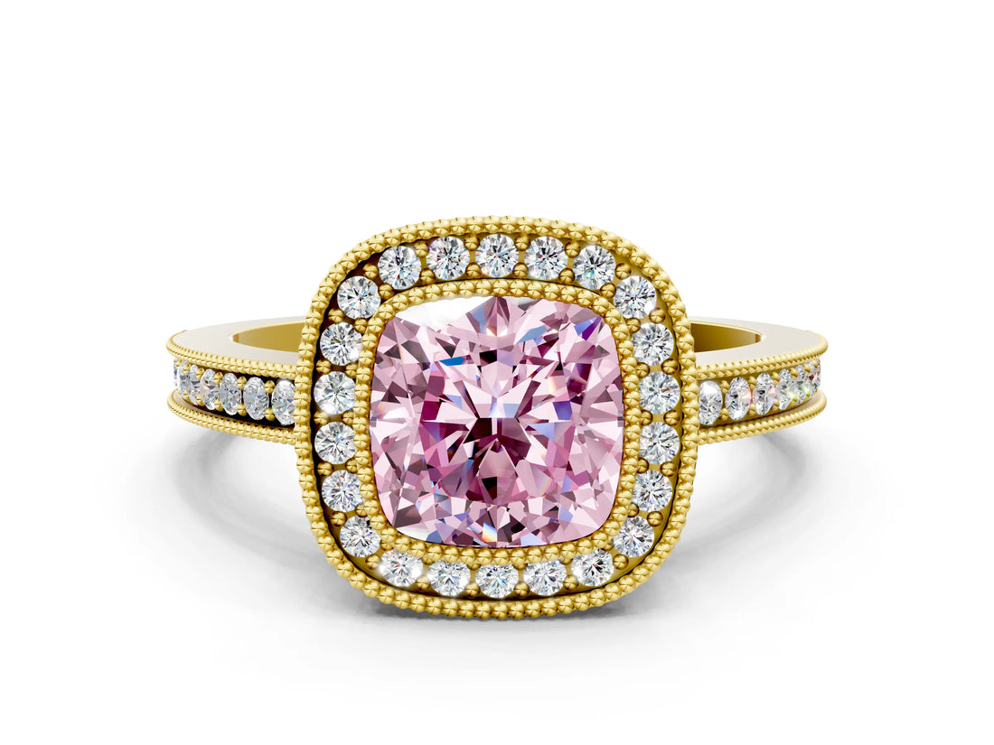 Yellow gold Fancy Pink Cushion  Cut Halo Diamond Ring with Pavé Band and Milgrain Prong Setting_32