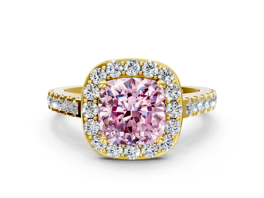 Yellow gold Fancy Pink Cushion Cut Halo Diamond Ring with Pavé Band and Three-Prong Setting