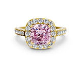 Yellow gold Fancy Pink Cushion Cut Halo Diamond Ring with Pavé Band and Three-Prong Setting