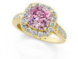 Yellow gold Fancy Pink Cushion Cut Halo Diamond Ring with Pavé Band and Three-Prong Setting_1