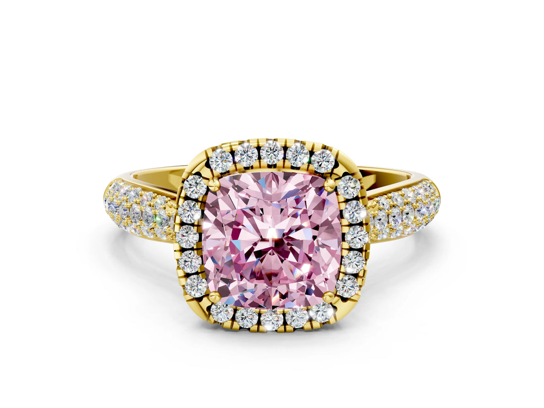 Yellow gold Fancy Pink Cushion Cut Halo Diamond Ring with Pavé Band