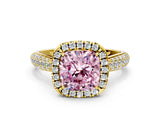 Yellow gold Fancy Pink Cushion Cut Halo Diamond Ring with Pavé Band