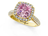 Yellow gold Fancy Pink Cushion Cut Halo Diamond Ring with Pavé Band_1