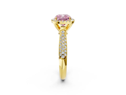 Yellow gold Fancy Pink Cushion Cut Halo Diamond Ring with Pavé Band_2