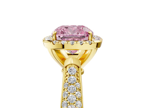 Yellow gold Fancy Pink Cushion Cut Halo Diamond Ring with Pavé Band_5