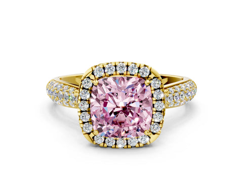 Yellow gold Fancy Pink Cushion Cut Halo Diamond Ring with Pavé Band