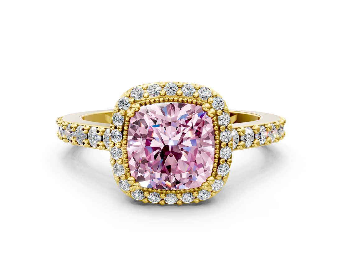 Yellow gold Fancy Pink Cushion  Cut Halo Diamond Ring with Pave Band and Four-Prong Setting_24