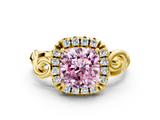 Yellow gold Fancy Pink Cushion  Cut Halo Diamond Ring with Scrollwork Band and Four-Prong Setting_91