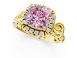 Yellow gold Fancy Pink Cushion  Cut Halo Diamond Ring with Scrollwork Band and Four-Prong Setting_92