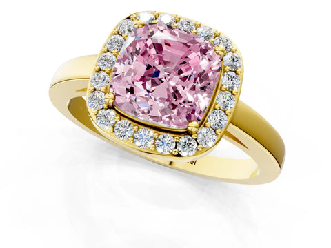 Yellow gold Fancy Pink Cushion Cut Halo Diamond Ring with Solitaire Band and Prong Setting_1