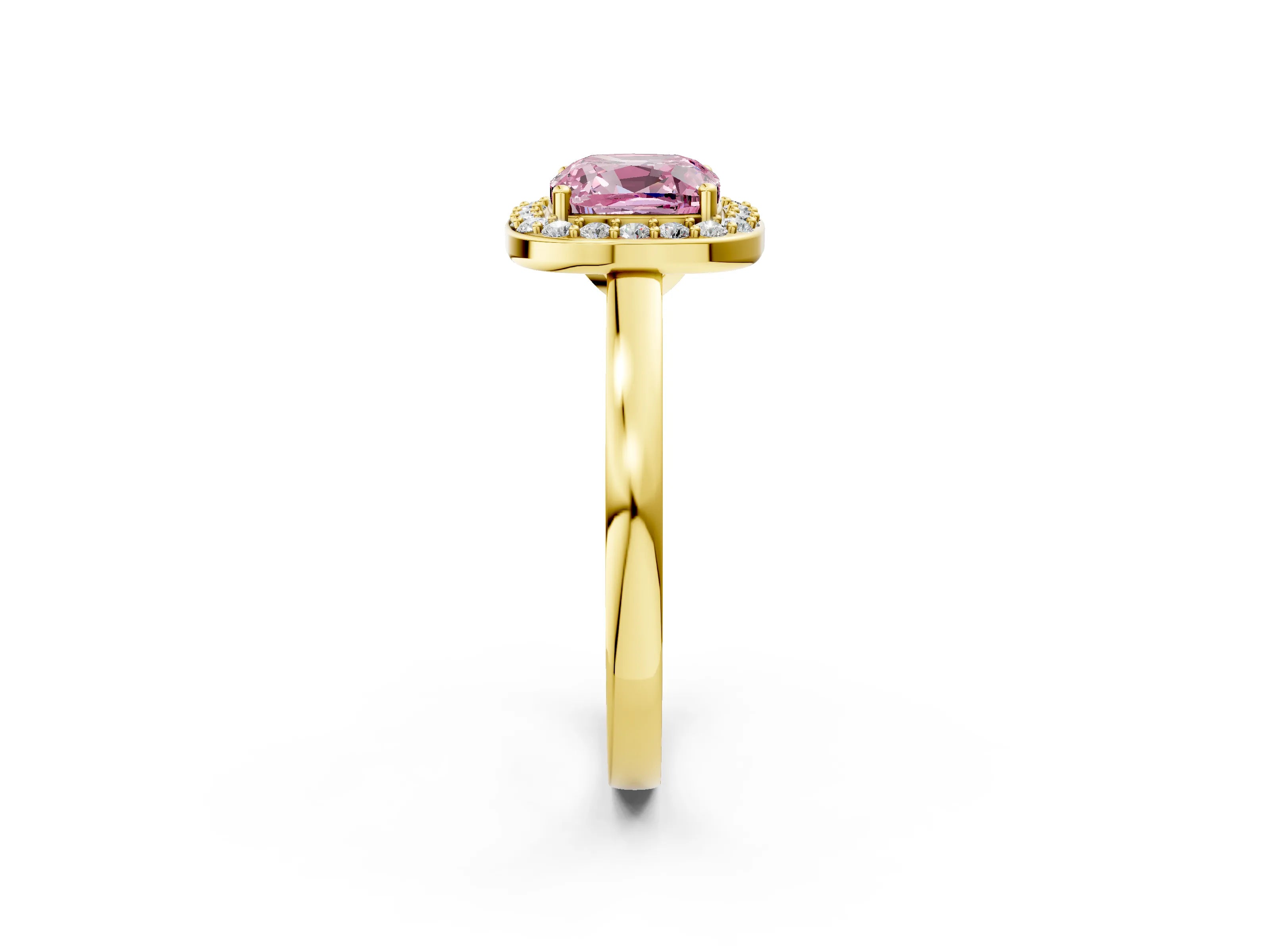 Yellow gold Fancy Pink Cushion Cut Halo Diamond Ring with Solitaire Band and Prong Setting_2