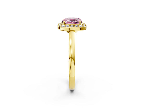Yellow gold Fancy Pink Cushion Cut Halo Diamond Ring with Solitaire Band and Prong Setting