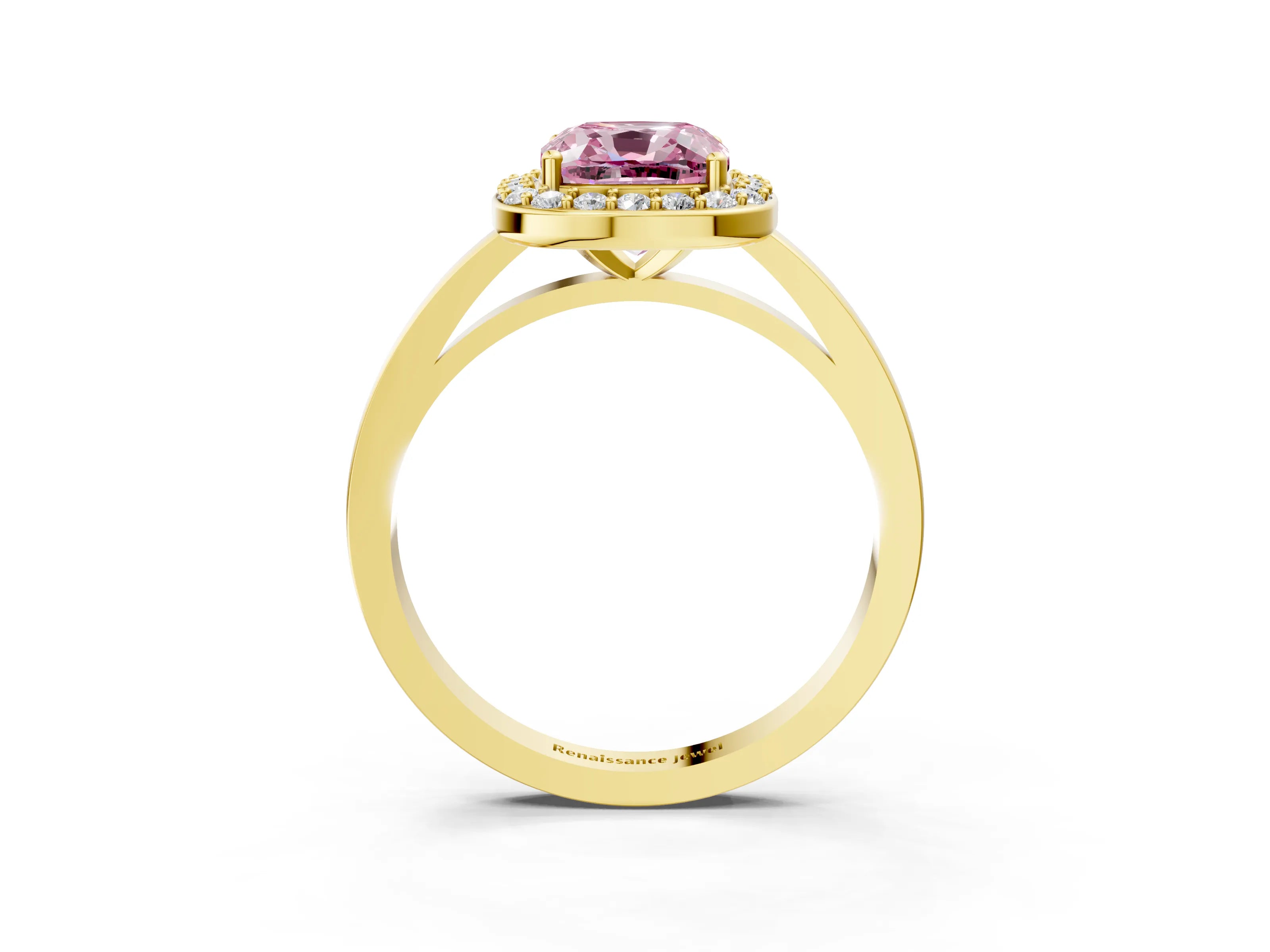 Yellow gold Fancy Pink Cushion Cut Halo Diamond Ring with Solitaire Band and Prong Setting_3