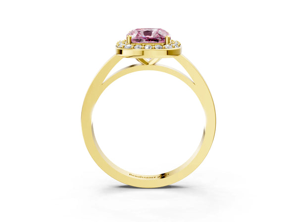 Yellow gold Fancy Pink Cushion Cut Halo Diamond Ring with Solitaire Band and Prong Setting