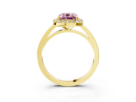 Yellow gold Fancy Pink Cushion Cut Halo Diamond Ring with Solitaire Band and Prong Setting_3