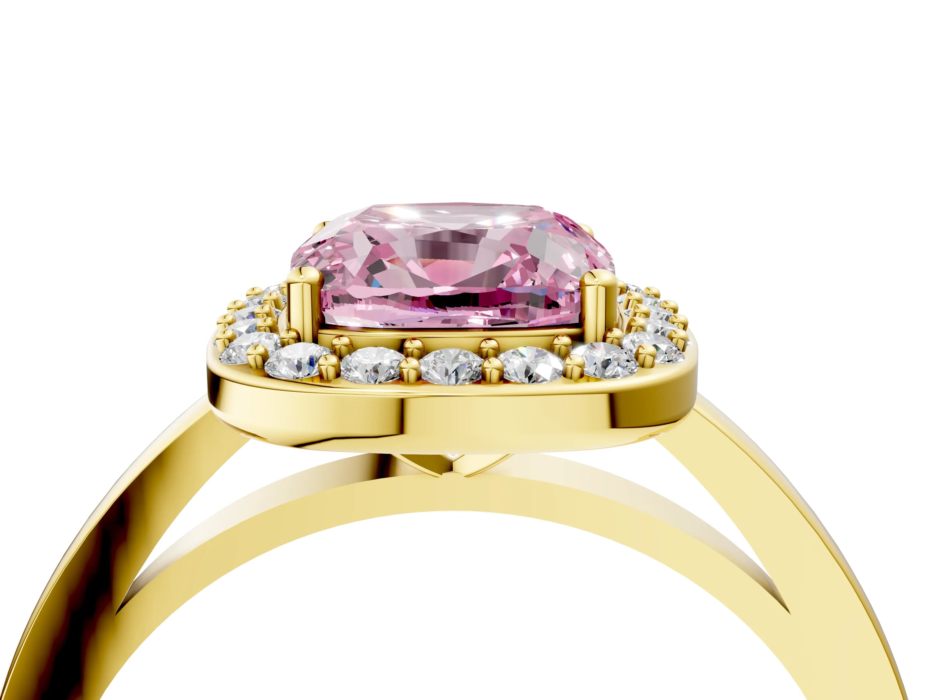Yellow gold Fancy Pink Cushion Cut Halo Diamond Ring with Solitaire Band and Prong Setting_4