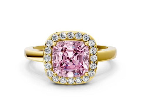 Yellow gold Fancy Pink Cushion Cut Halo Diamond Ring with Solitaire Band and Prong Setting