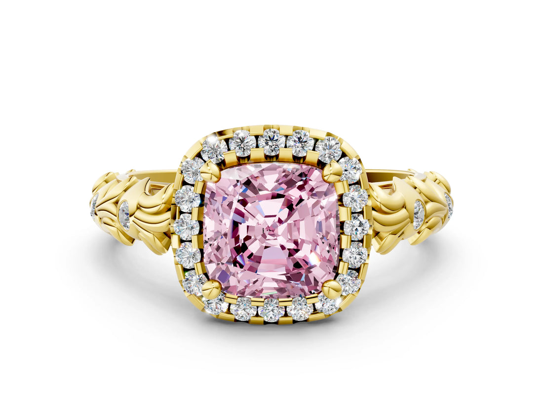Yellow gold Fancy Pink Cushion Cut Halo Diamond Solitaire with Filigree Band and Four-Prong Setting