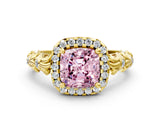 Yellow gold Fancy Pink Cushion Cut Halo Diamond Solitaire with Filigree Band and Four-Prong Setting