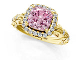 Yellow gold Fancy Pink Cushion Cut Halo Diamond Solitaire with Filigree Band and Four-Prong Setting_1
