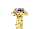 Yellow gold Fancy Pink Cushion Cut Halo Diamond Solitaire with Filigree Band and Four-Prong Setting_5