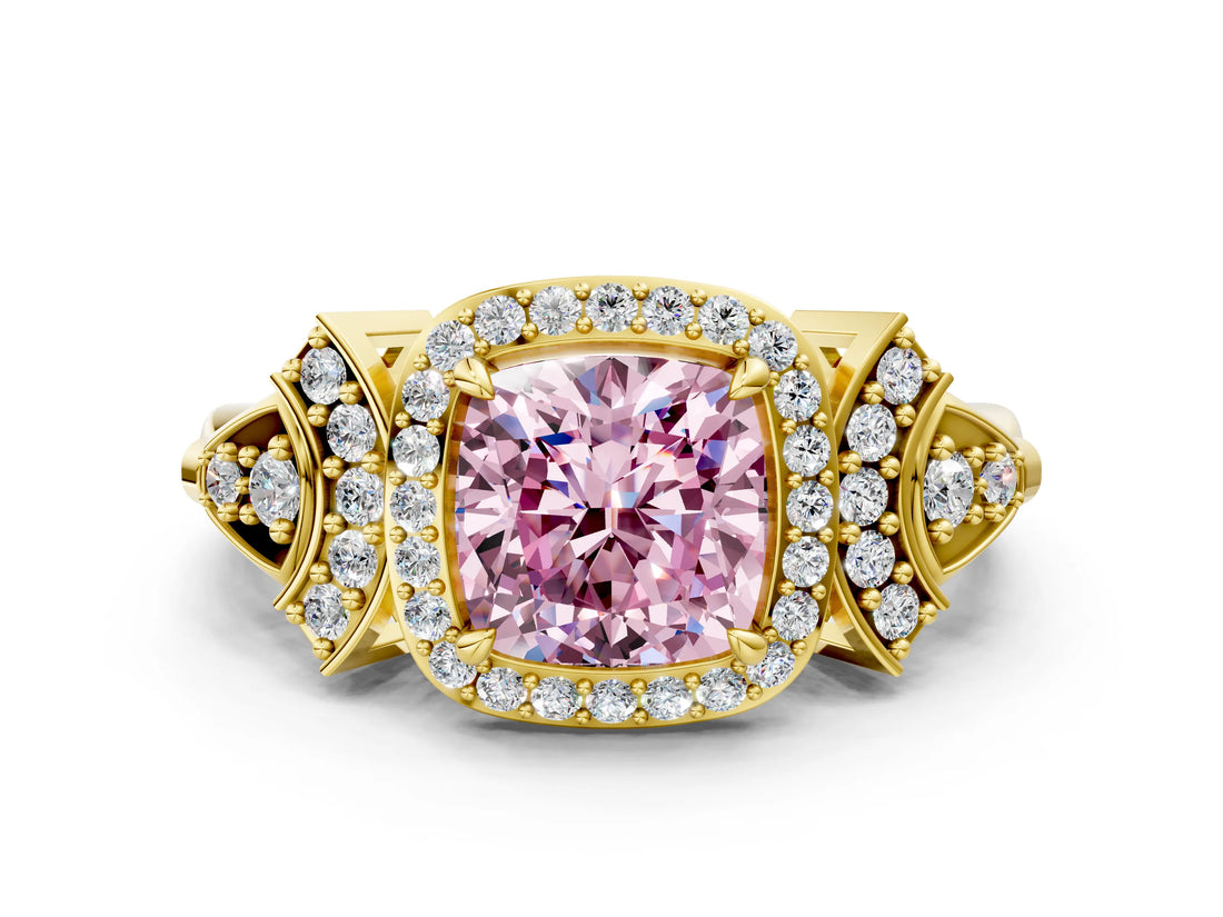 Yellow gold Fancy Pink Cushion Cut Halo Diamond Split Shank Engagement Ring with Four-Prong Setting