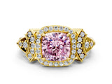 Yellow gold Fancy Pink Cushion Cut Halo Diamond Split Shank Engagement Ring with Four-Prong Setting