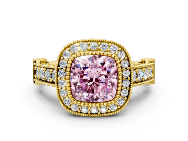 Yellow Gold Cushion Cut Vintage Bezel Halo Engagement Ring Setting for Fancy Pink Center