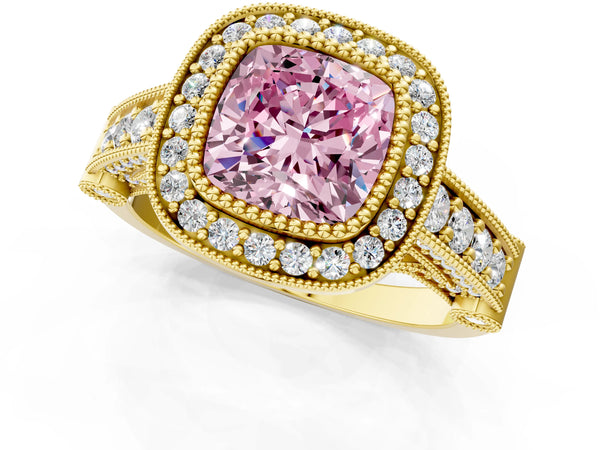 Yellow Gold Cushion Cut Vintage Bezel Halo Engagement Ring Setting for Fancy Pink Center