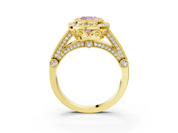 Yellow Gold Cushion Cut Vintage Bezel Halo Engagement Ring Setting for Fancy Pink Center