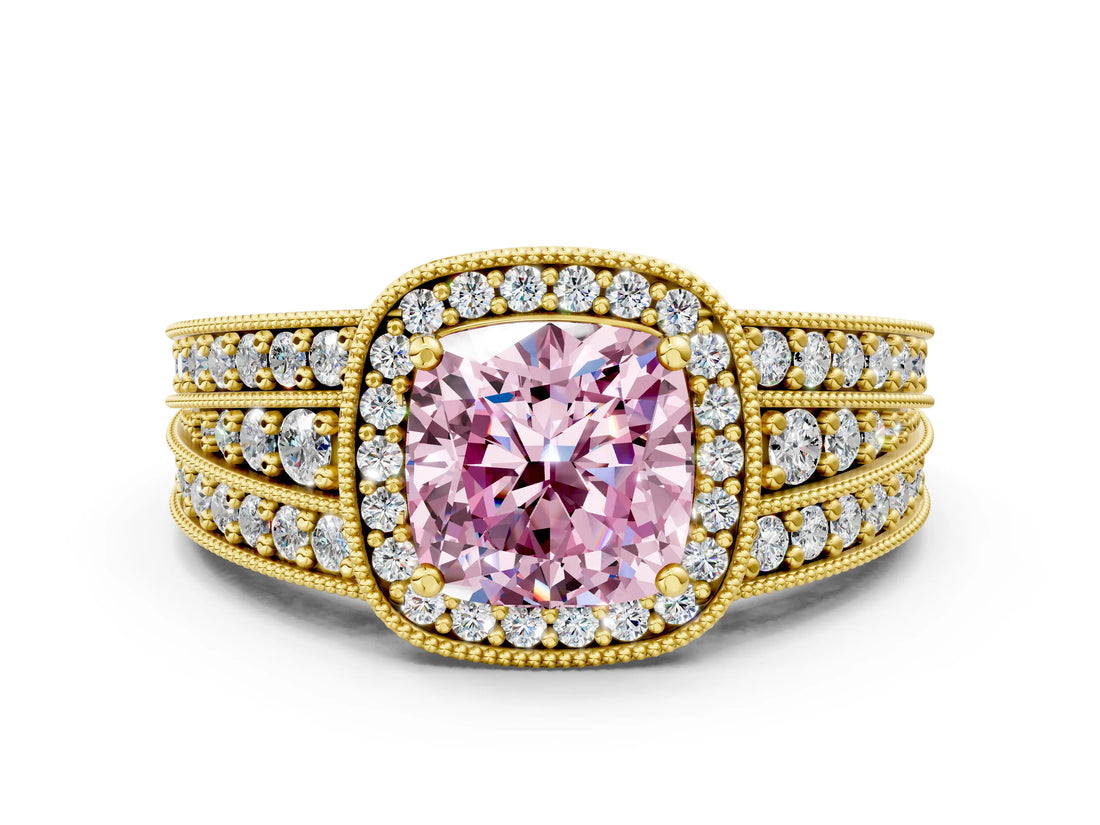 Yellow gold Fancy Pink Cushion Cut Halo Diamond Split Shank Ring with Prong Setting_24