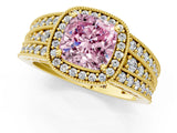 Yellow gold Fancy Pink Cushion Cut Halo Diamond Split Shank Ring with Prong Setting_25