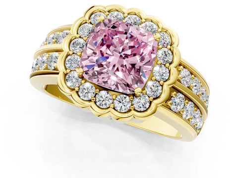 Yellow gold Fancy Pink Cushion Cut Halo Diamond Split Shank Ring with Scalloped Prong Setting_1