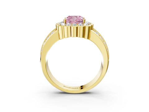 Yellow gold Fancy Pink Cushion Cut Halo Diamond Split Shank Ring with Scalloped Prong Setting_3