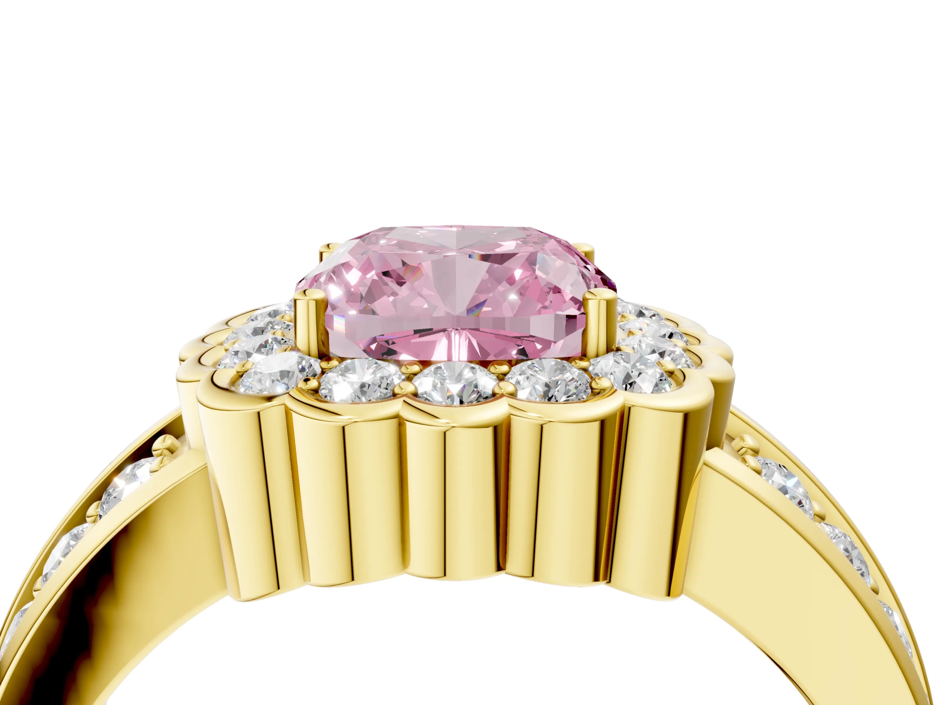 Yellow gold Fancy Pink Cushion Cut Halo Diamond Split Shank Ring with Scalloped Prong Setting_4