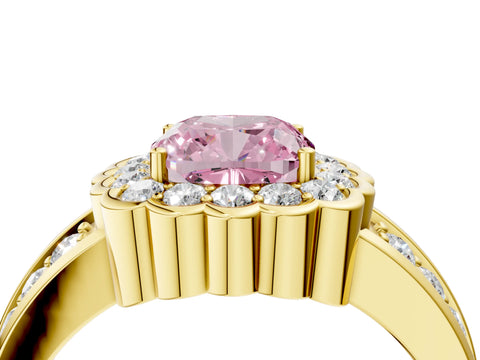Yellow gold Fancy Pink Cushion Cut Halo Diamond Split Shank Ring with Scalloped Prong Setting_4