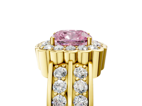 Yellow gold Fancy Pink Cushion Cut Halo Diamond Split Shank Ring with Scalloped Prong Setting_5