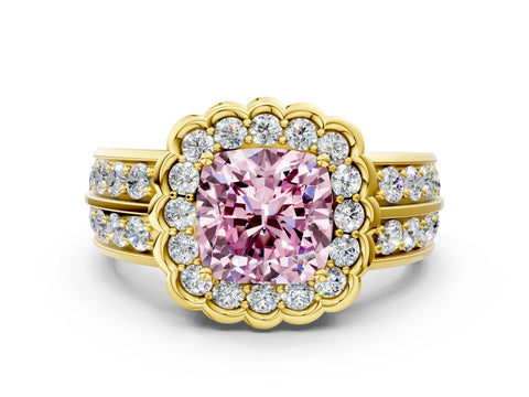 Yellow gold Fancy Pink Cushion Cut Halo Diamond Split Shank Ring with Scalloped Prong Setting