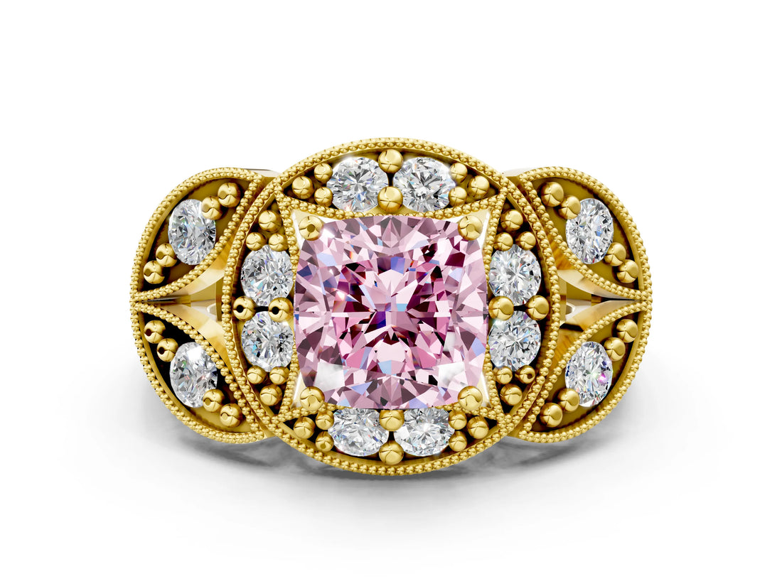 Yellow gold Fancy Pink Cushion Cut Halo Milgrain Diamond Engagement Ring with Leaf Band and Four-Prong Setting