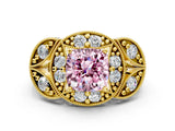 Yellow gold Fancy Pink Cushion Cut Halo Milgrain Diamond Engagement Ring with Leaf Band and Four-Prong Setting