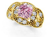 Yellow gold Fancy Pink Cushion Cut Halo Milgrain Diamond Engagement Ring with Leaf Band and Four-Prong Setting_1